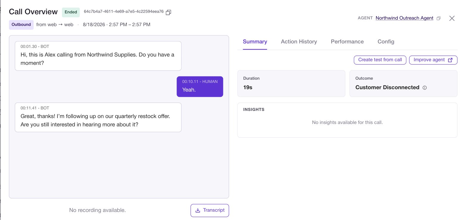 A call's Summary tab showing the transcript on the left and Create test from call, Improve agent and an Insights panel on the right