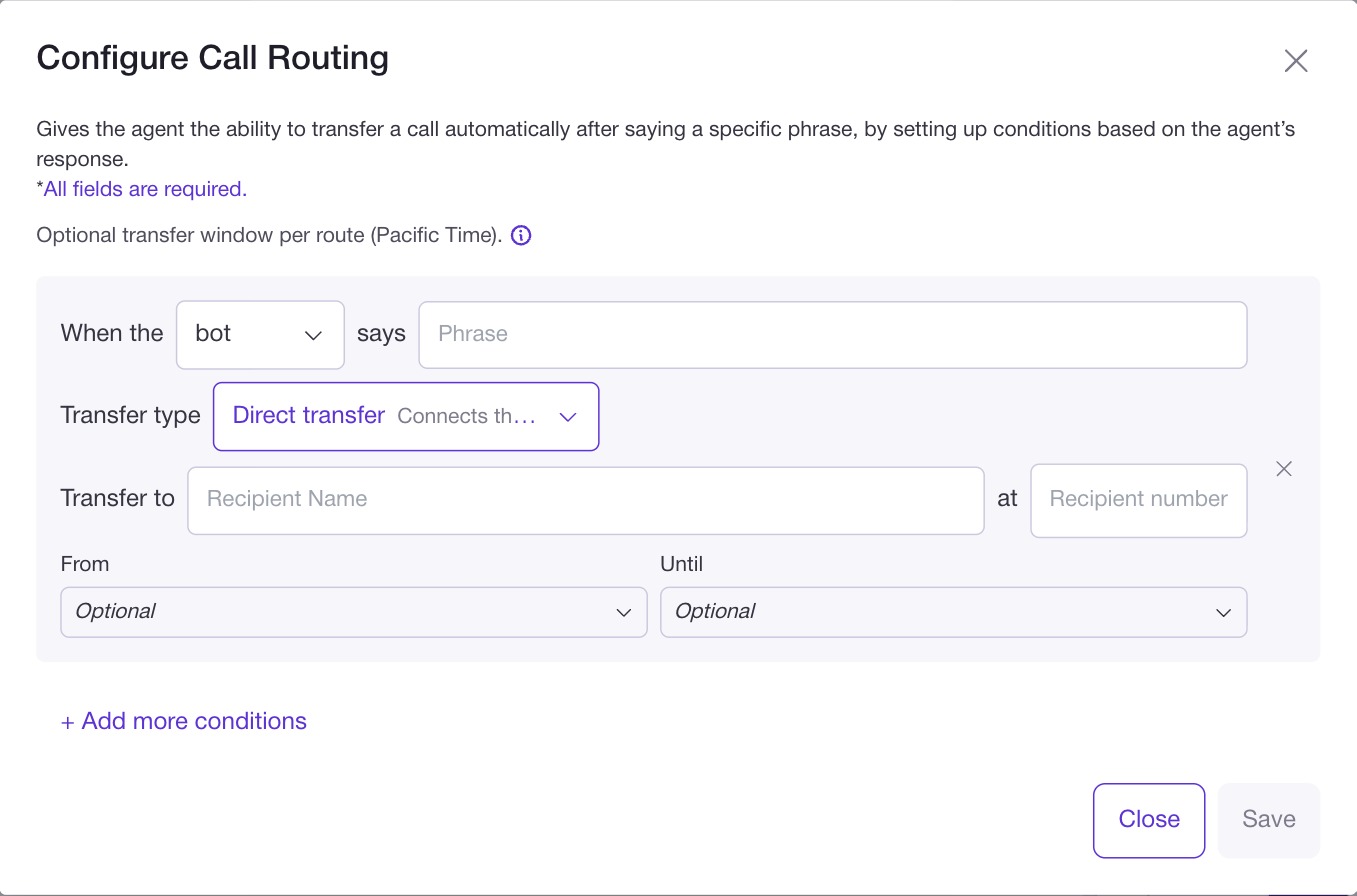 The Configure Call Routing dialog, showing a phrase trigger, a transfer type, a recipient and the optional From and Until transfer window