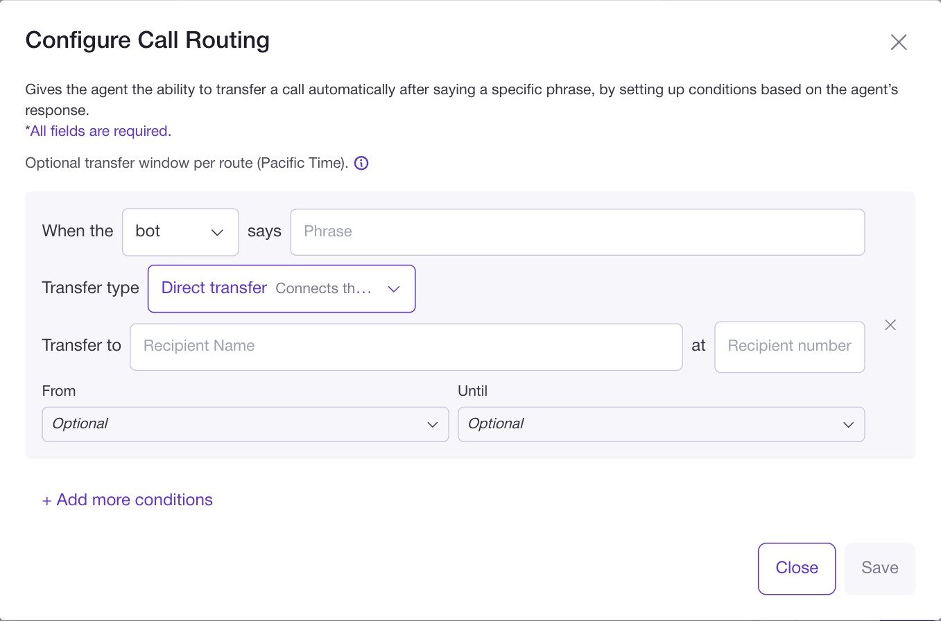 The Configure Call Routing dialog, showing a phrase trigger, a transfer type, a recipient and the optional From and Until transfer window