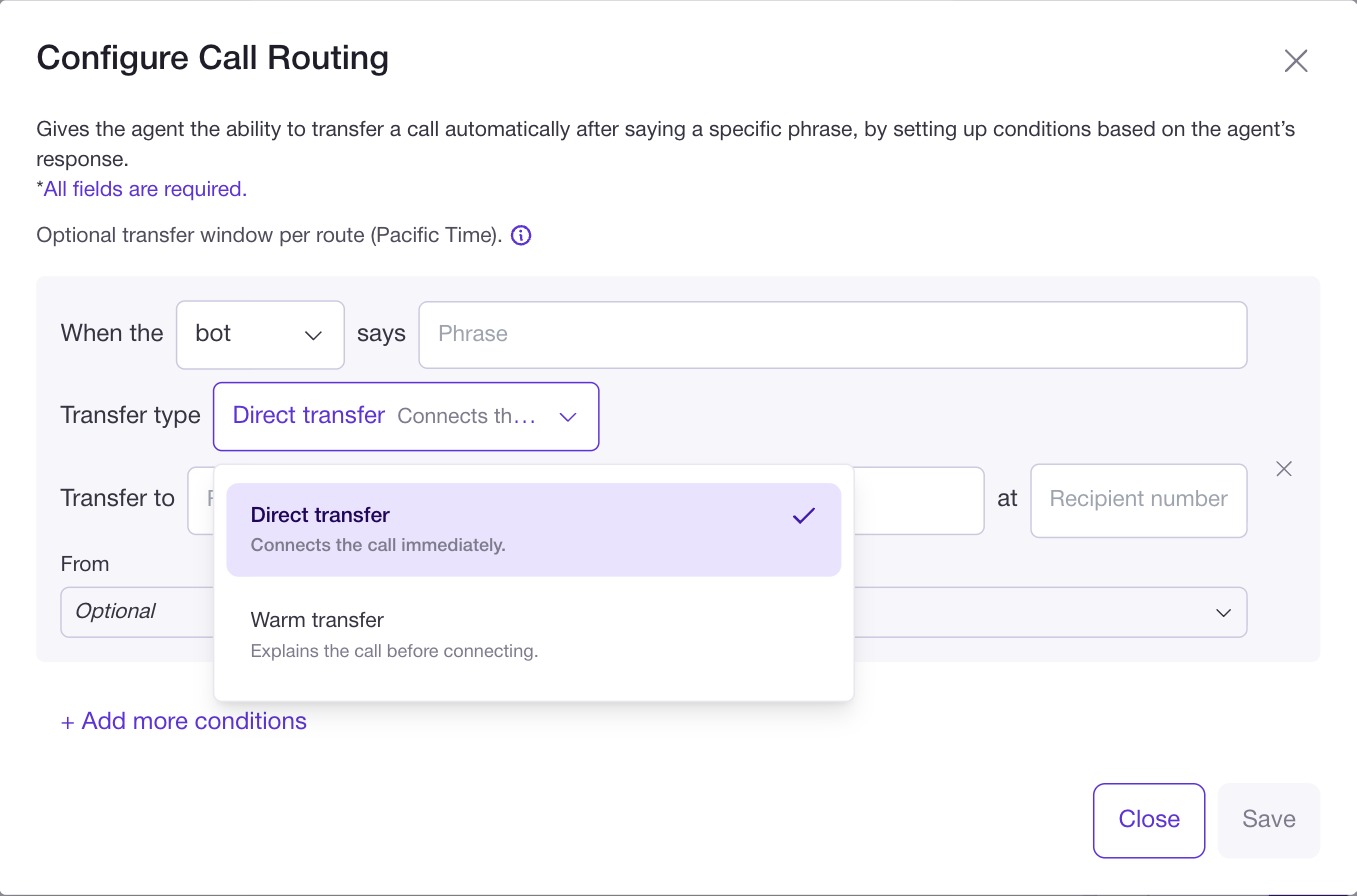 The Configure Call Routing dialog with the Transfer type dropdown open showing Direct transfer and Warm transfer, above the optional From and Until transfer window