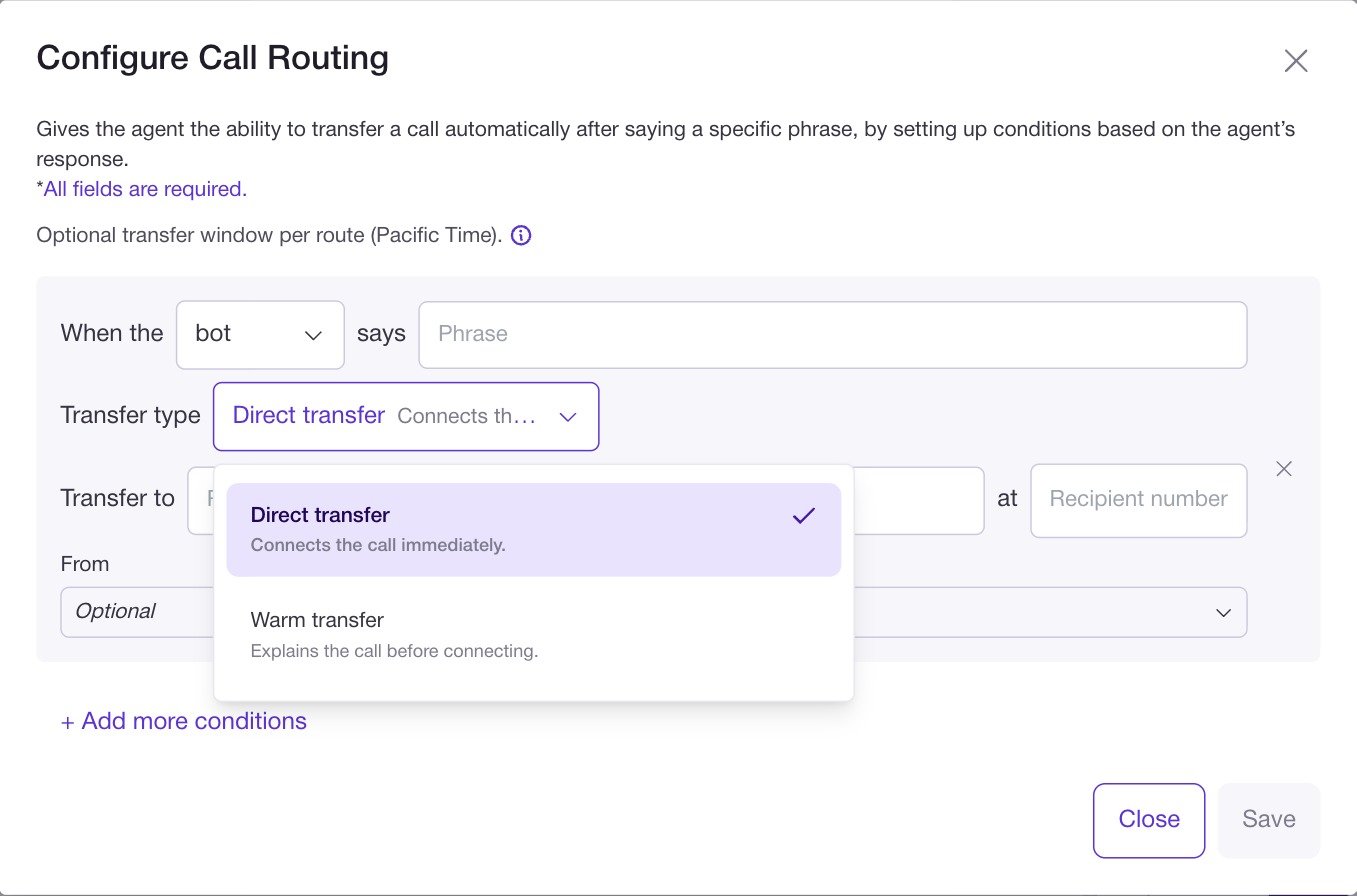 The Configure Call Routing dialog with the Transfer type dropdown open showing Direct transfer and Warm transfer, above the optional From and Until transfer window