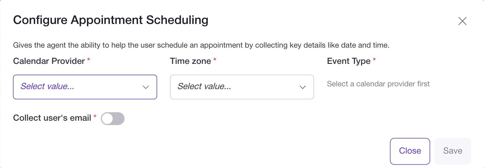 The Configure Appointment Scheduling dialog with Calendar Provider, Time zone, Event Type and Collect user's email