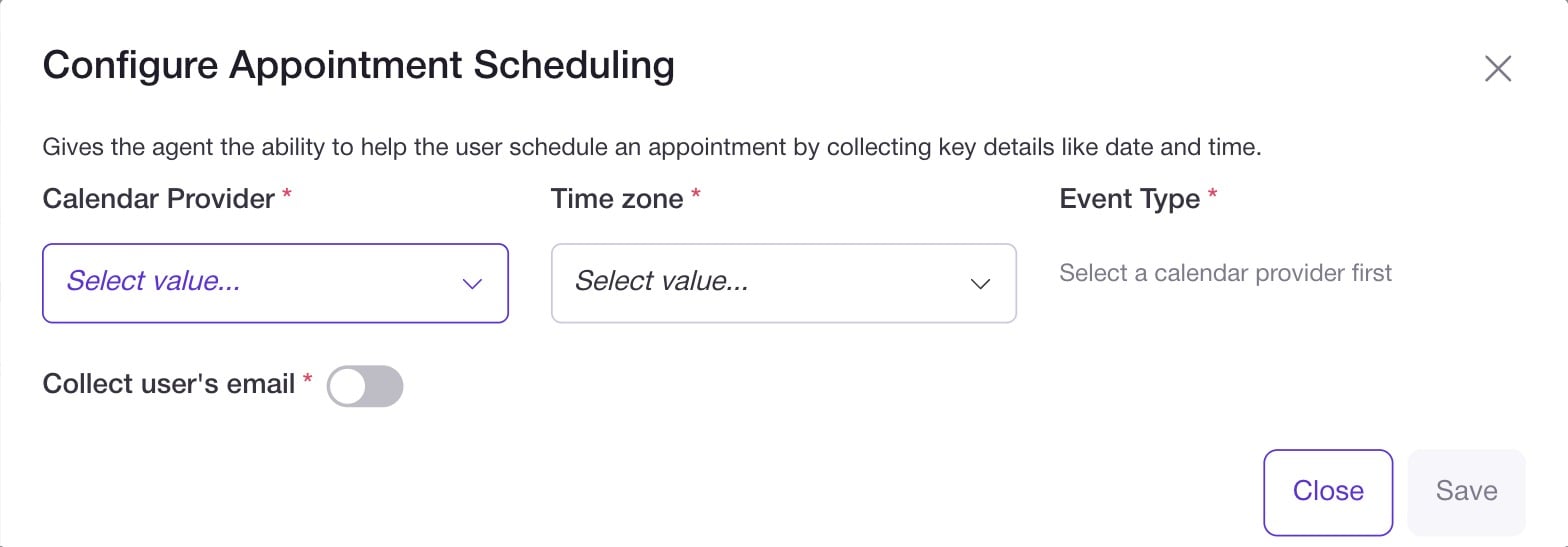 The Configure Appointment Scheduling dialog with Calendar Provider, Time zone, Event Type and Collect user's email