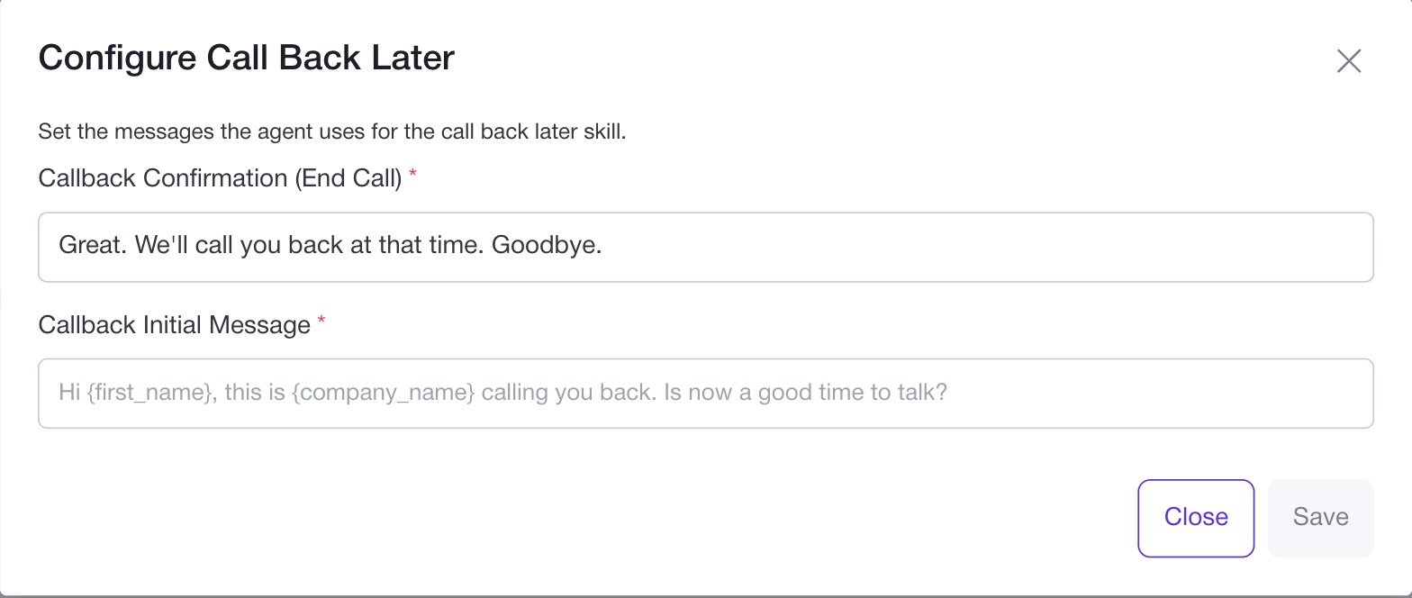 The Configure Call Back Later dialog with Callback Confirmation and Callback Initial Message, both required