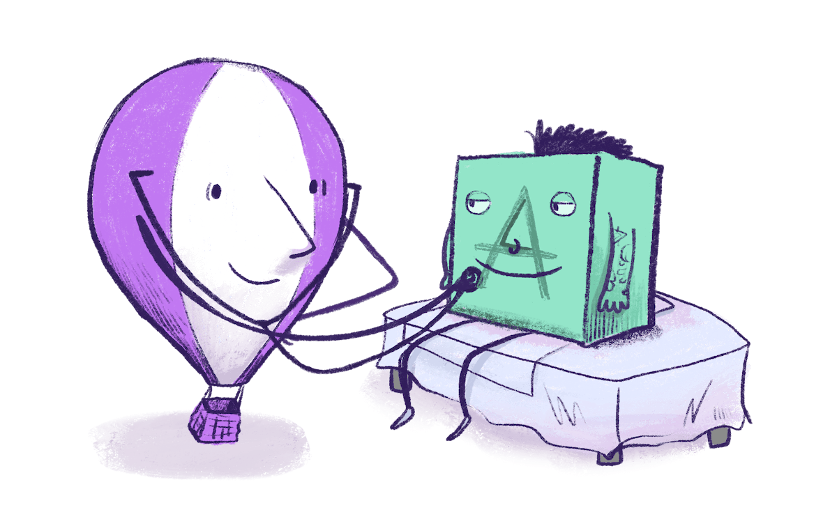Illustration by Annie Ruygt of a balloon doctor examining a machine