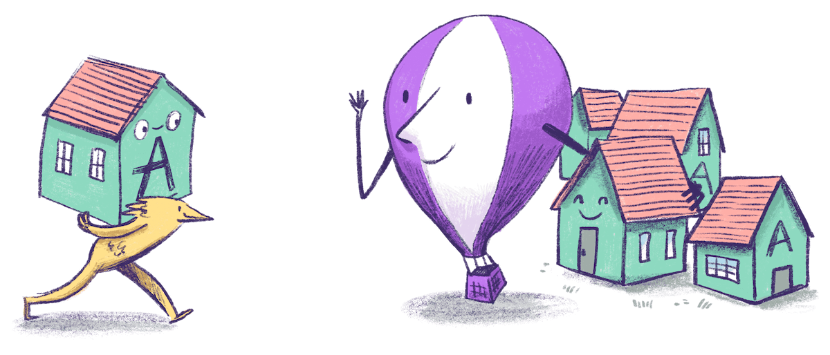 Illustration by Annie Ruygt of a bird carrying an app to a balloon who is welcoming the app to join his group