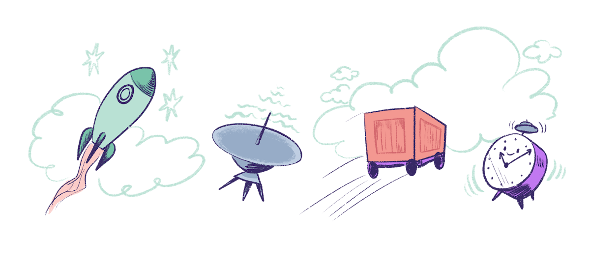Illustration by Annie Ruygt of a rocket ship, a satellite dish, a cargo container, and a clock, all representing different options for logs