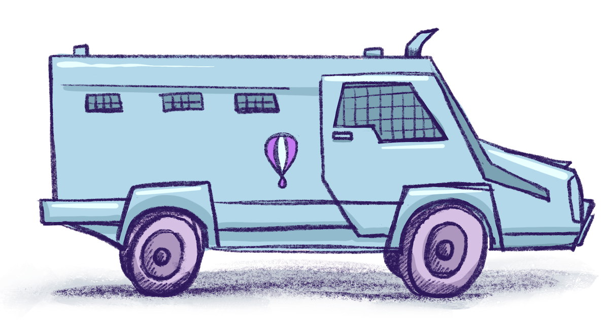 Illustration by Annie Ruygt of an armoured truck with a Fly balloon logo