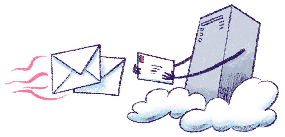 Illustration by Annie Ruygt of a machine sticking envelopes together