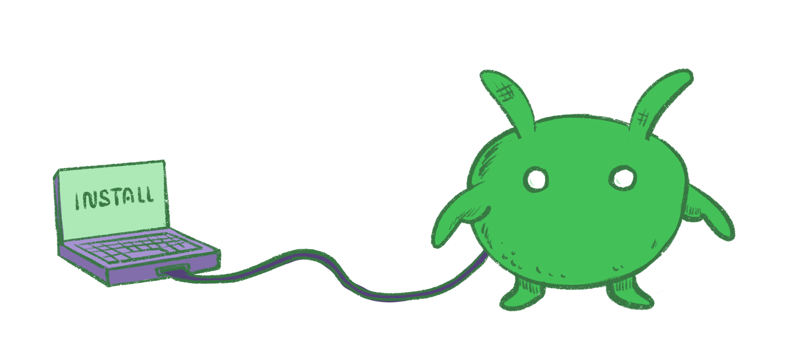 A round green creature connected by a cable to a laptop displaying the word Install
