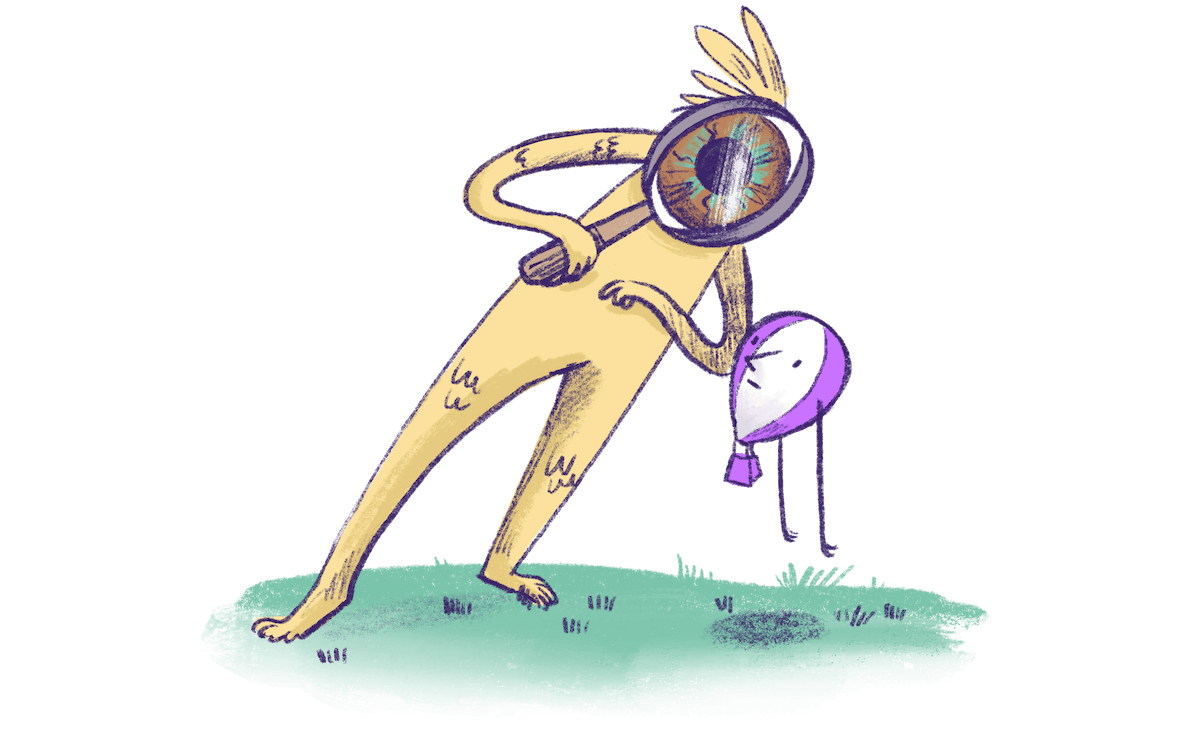 Illustration by Annie Ruygt of a figure looking through a magnifying glass at a balloon