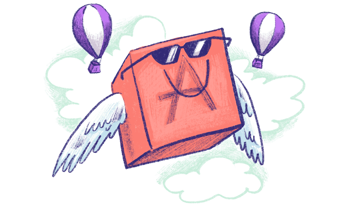 Illustration by Annie Ruygt of an app cube flying near two Fly balloons