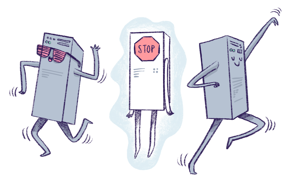 Illustration by Annie Ruygt of two machines dancing and one standing still