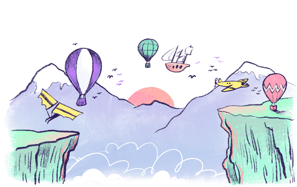 Illustration by Annie Ruygt of a figure with wings and a ship some balloons and planes
