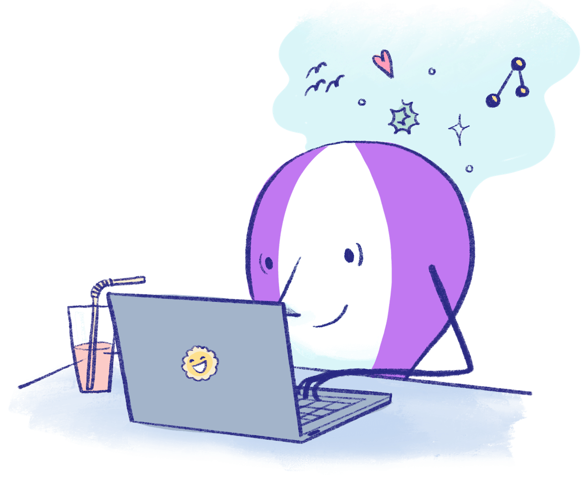 Illustration by Annie Ruygt of a Frankie the balloon working on automation at his computer