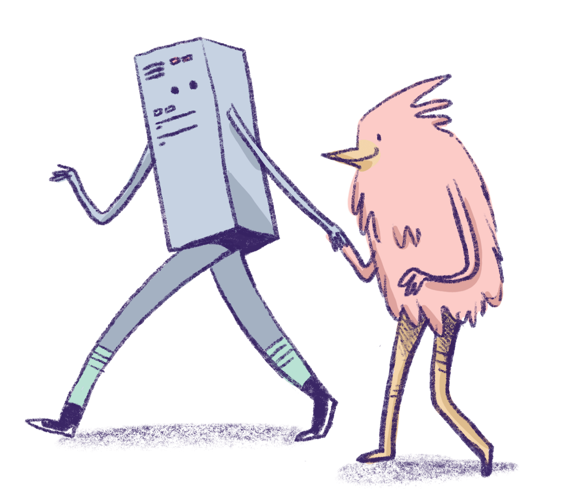 Illustration by Annie Ruygt of a bird holding hands with a computer