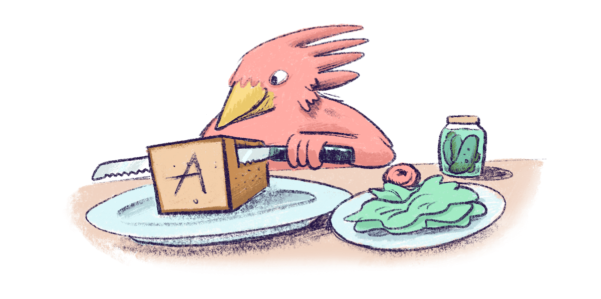 Illustration by Annie Ruygt of a bird slicing a loaf of bread-think app layers
