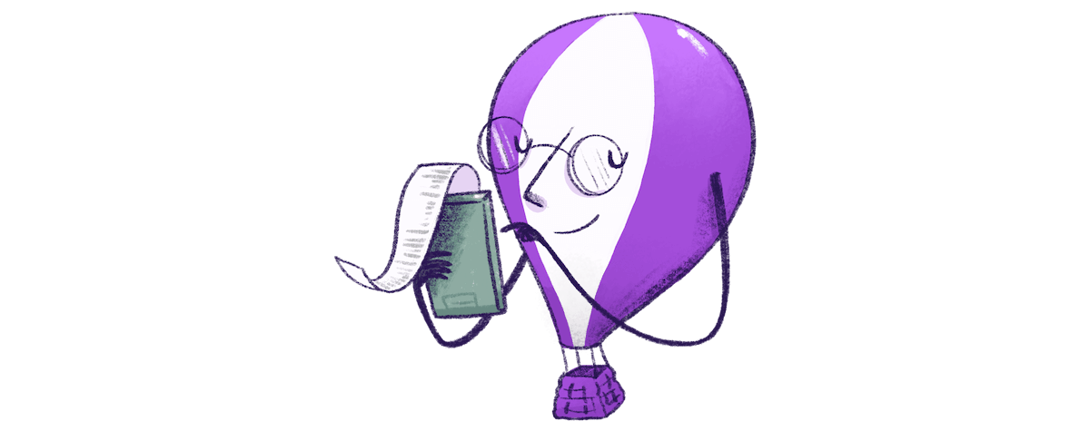Illustration by Annie Ruygt of a Frankie the hot air balloon tallying up a total on a paper-tape calculator
