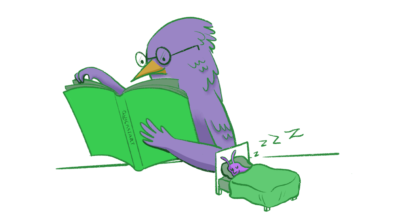 A bespectacled bird reading a quickstart guide while a small creature sleeps in a tiny bed nearby