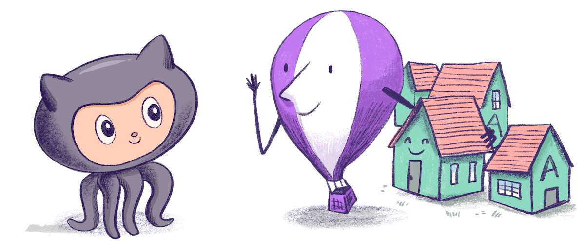 Illustration by Annie Ruygt of Github Octocat and Frankie with some apps