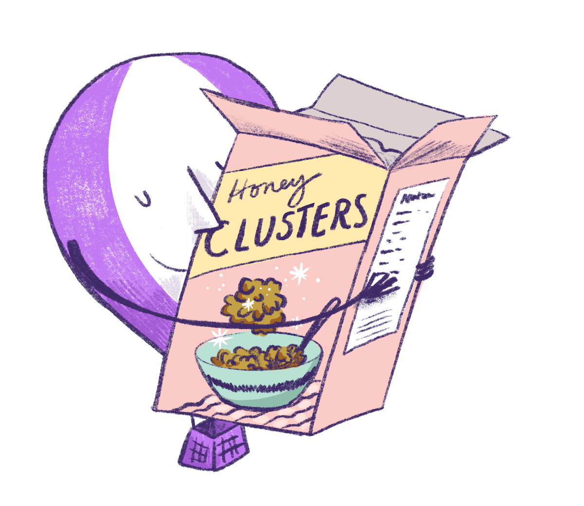 Illustration by Annie Ruygt of a balloon holding a box of honey clusters cereal