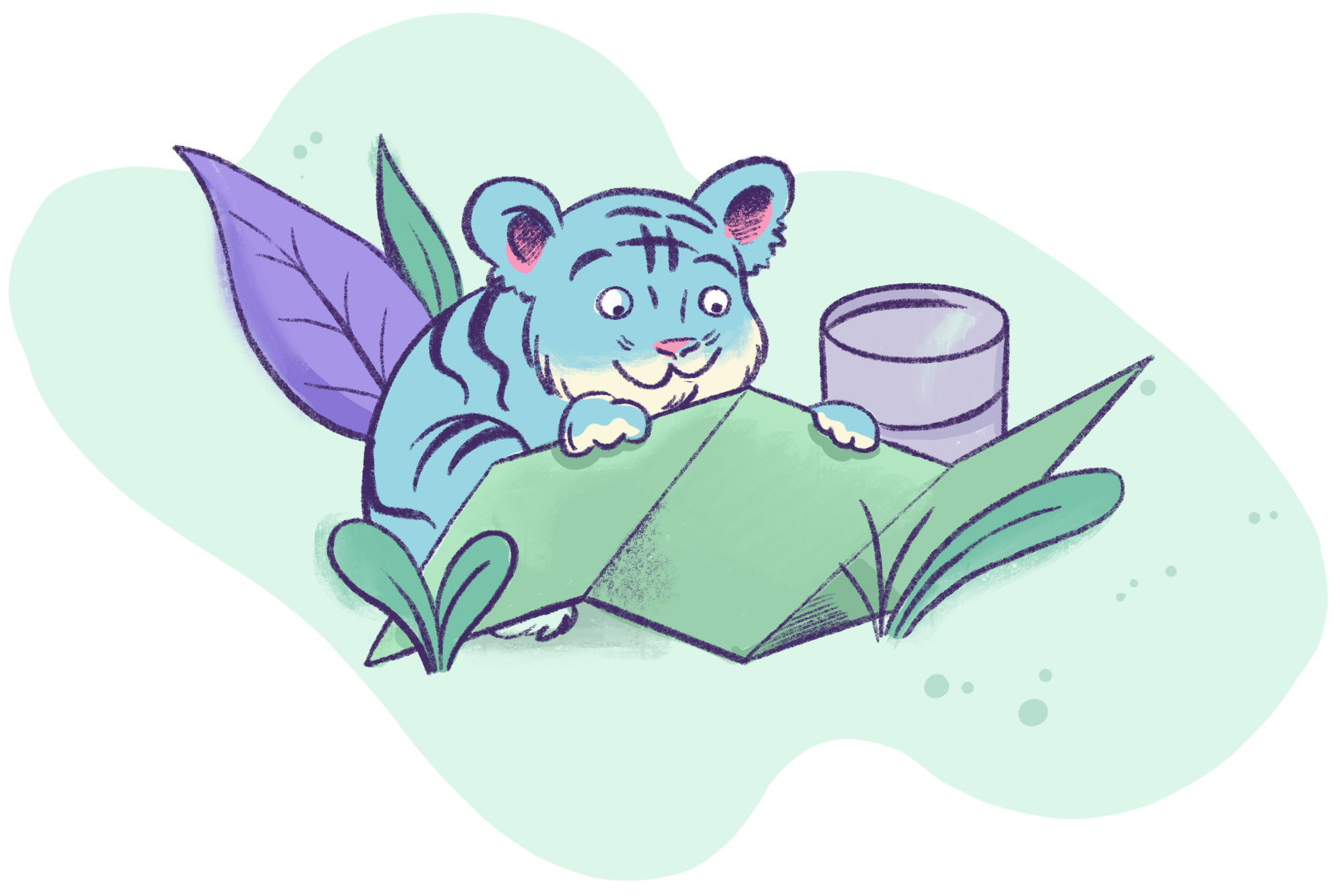 Illustration by Annie Ruygt Bernard of a blue tiger reading a map with delight