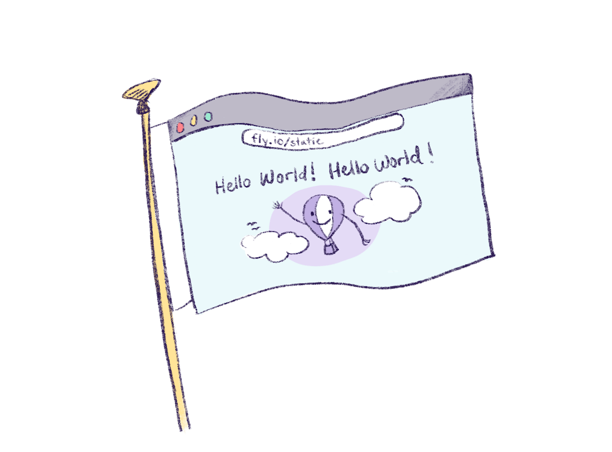 Illustration by Annie Ruygt of a flag depicting a Hello World app