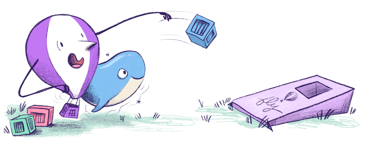 Illustration by Annie Ruygt of Frankie the balloon and the Docker whale playing a game of bean bag toss