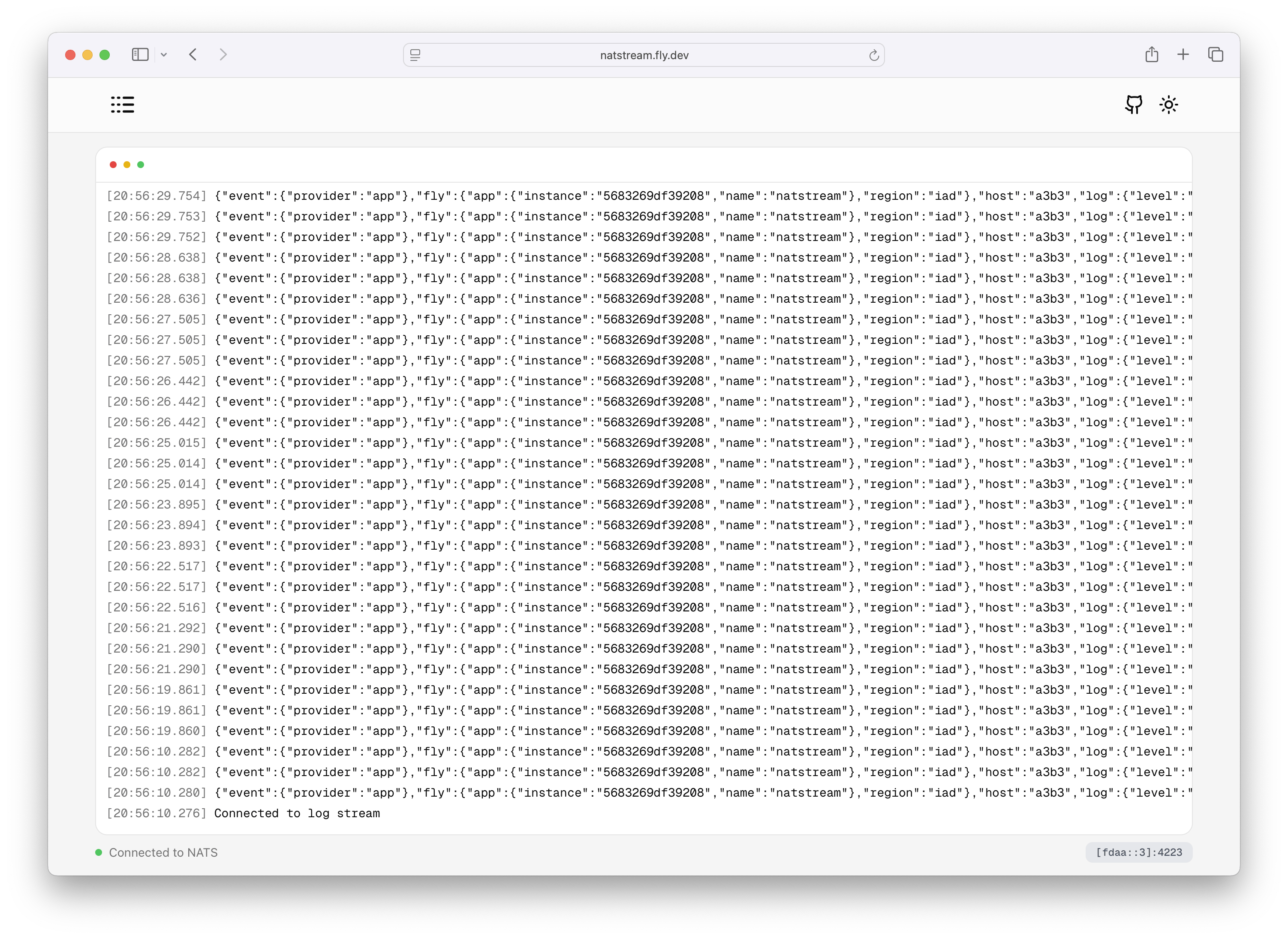 Screenshot of the NATstream open source app UI