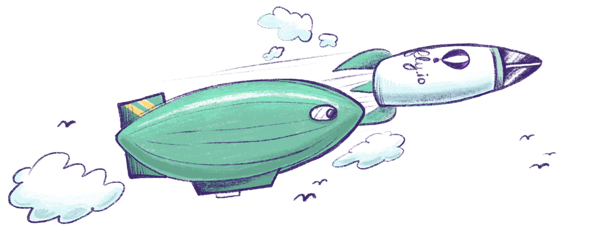 Illustration by Annie Ruygt of a blimp and a Fly rocket flying side by side