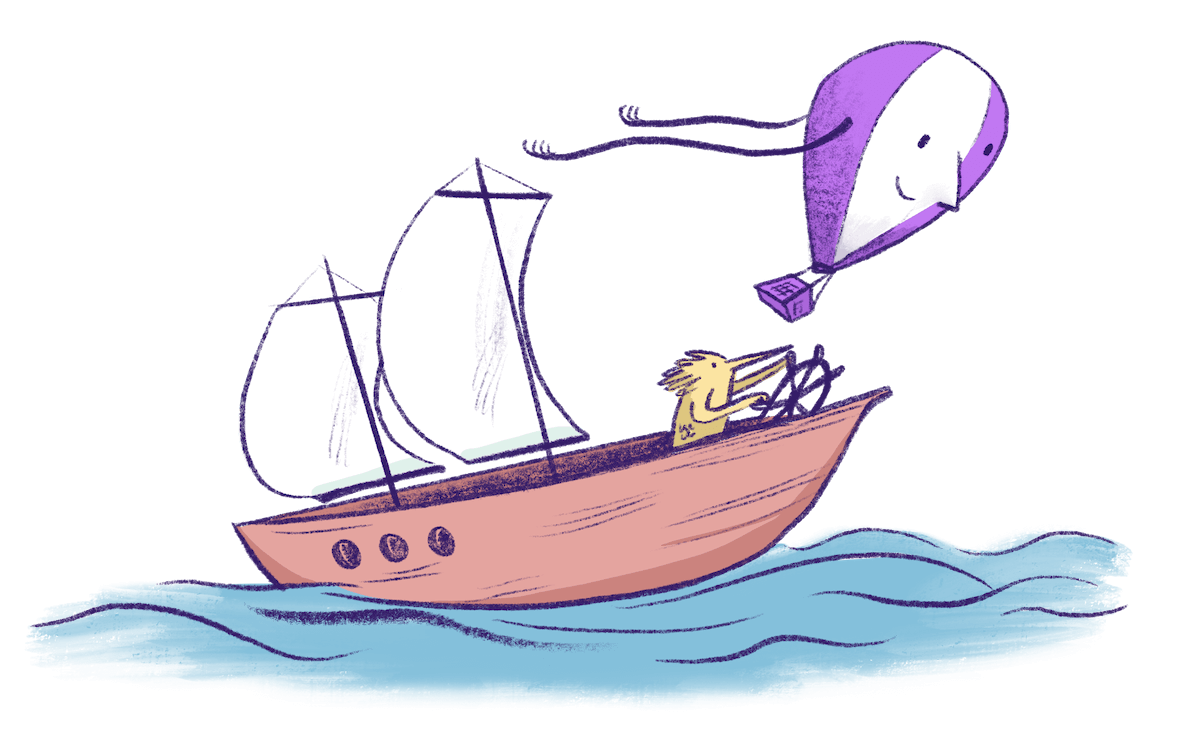Illustration by Annie Ruygt of a figure sailing a ship with a balloon overhead