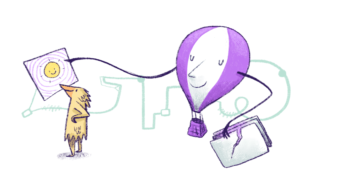 Illustration by Annie Ruygt of a Frankie the hot air balloon helping his developer friend roll back a bad deploy