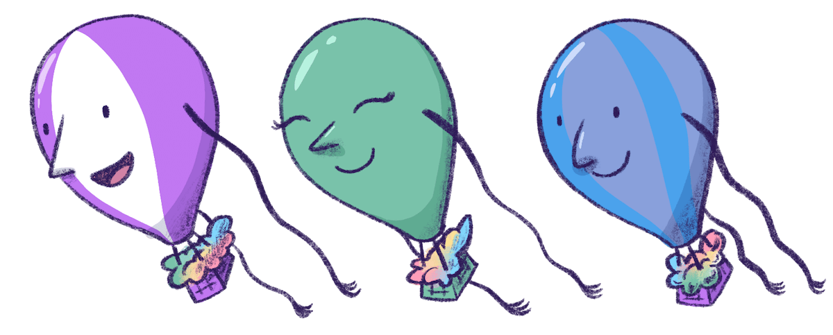 Illustration by Annie Ruygt of Frankie the hot air balloon with two other balloon friends of different colors