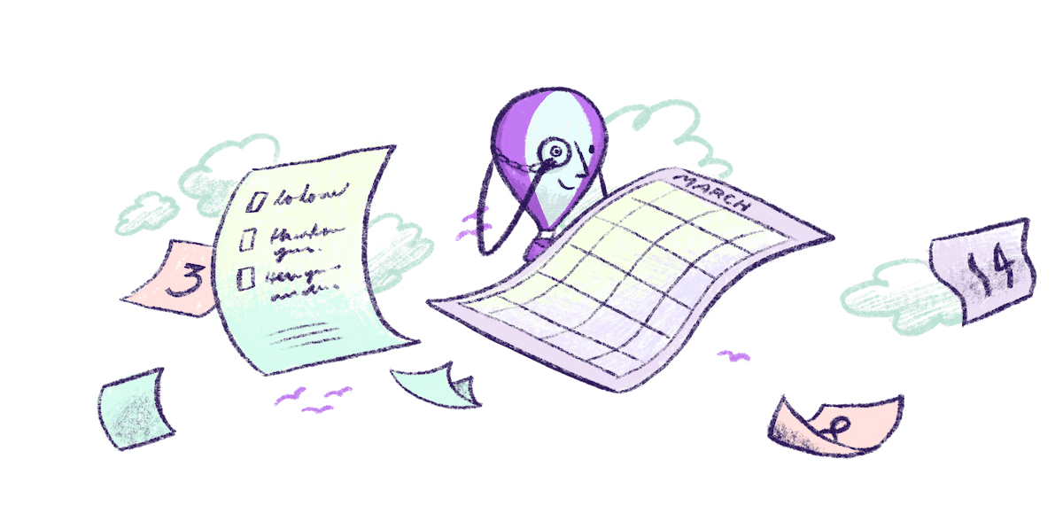 Illustration by Annie Ruygt of Frankie the hot air balloon scheduling some tasks on his calendar