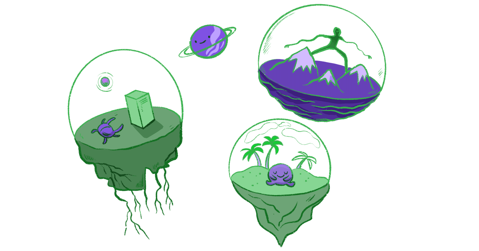 Floating islands enclosed in bubbles, each containing its own isolated world with a server, mountains, and palm trees