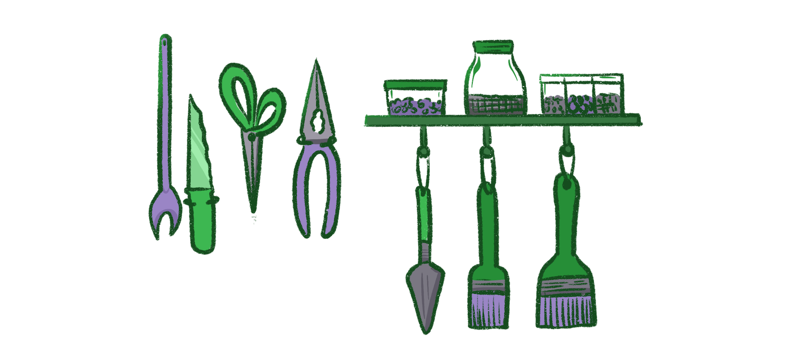 An assortment of tools and supplies arranged on a workbench shelf