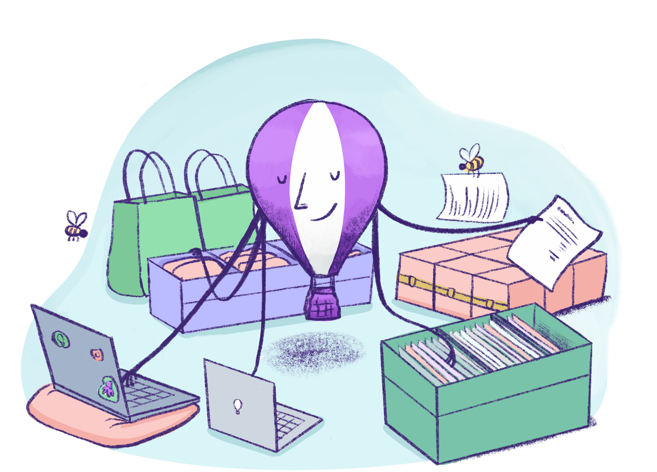 Illustration by Annie Ruygt of a balloon doing a lot of tasks