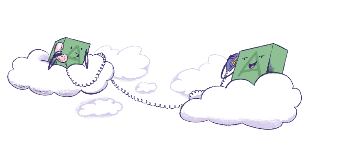 Illustration by Annie Ruygt of two apps sitting on clouds and talking to each other on the telephone