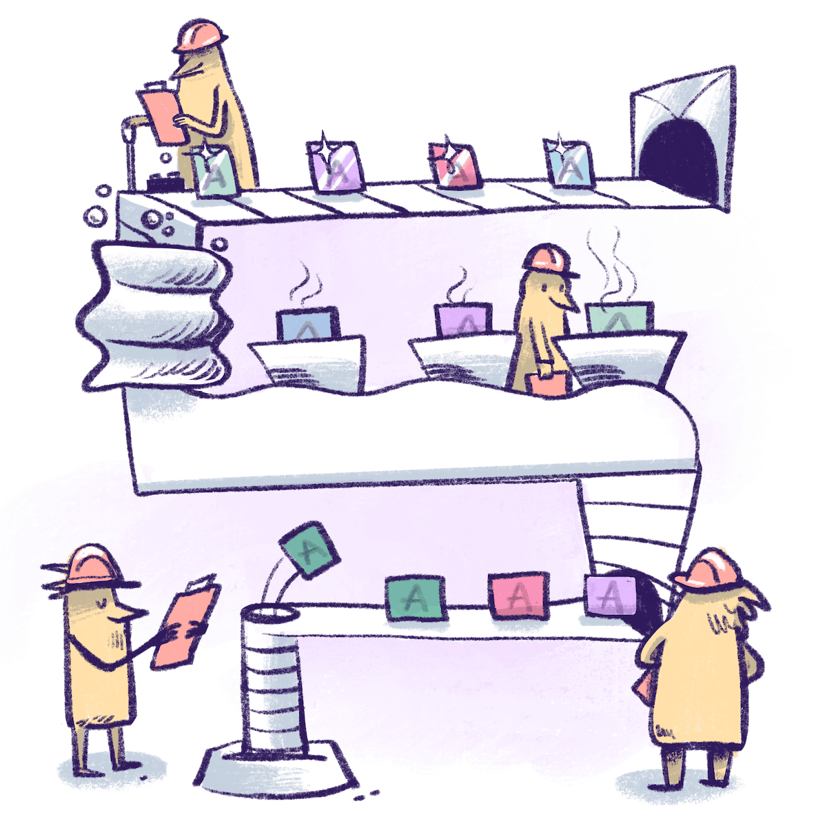 Illustration by Annie Ruygt of bird workers on a factory assemmbly line