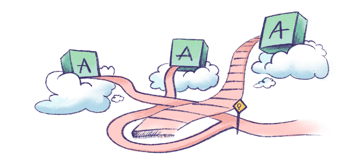 Illustration by Annie Ruygt of apps resting on clouds, all connected by pathways
