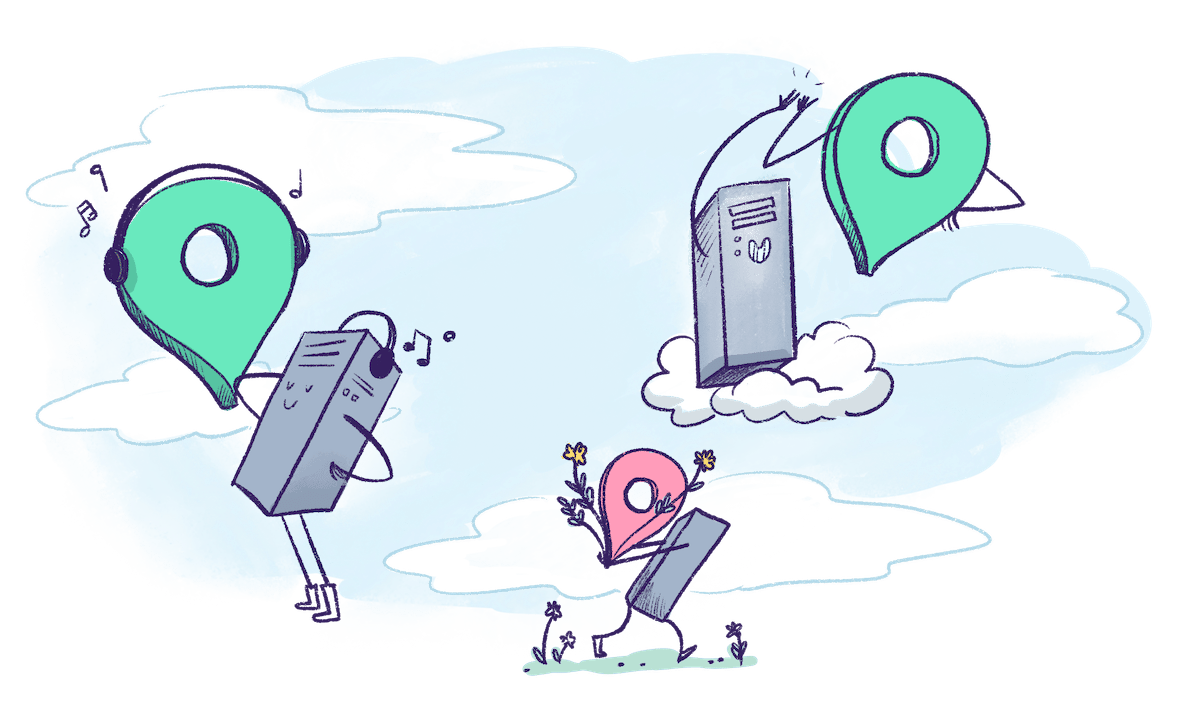 Illustration by Annie Ruygt of servers in different regions with map markers
