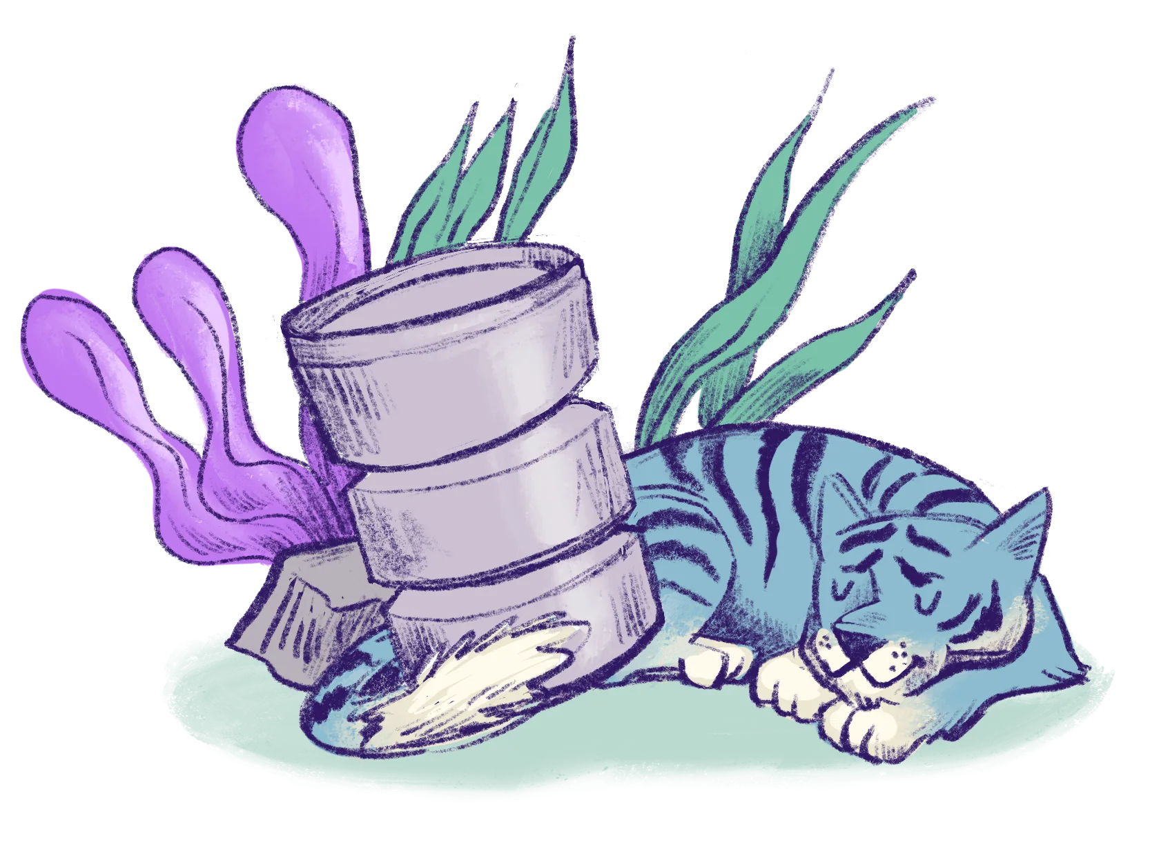 Illustration by Annie Ruygt of a blue striped tiger curled up asleep beside a stacked database cylinder, with purple swirls and tall green leaves behind them
