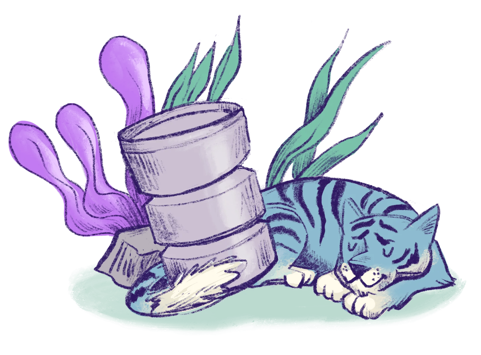 Illustration by Annie Ruygt of a blue striped tiger curled up asleep beside a stacked database cylinder, with purple swirls and tall green leaves behind them