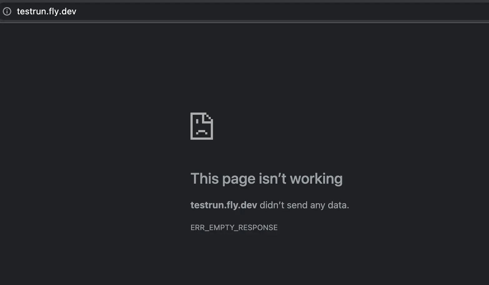 Browser screenshot saying 'This page isn't working; testrun.fly.dev didn't send any data. ERR_EMPTY_RESPONSE'