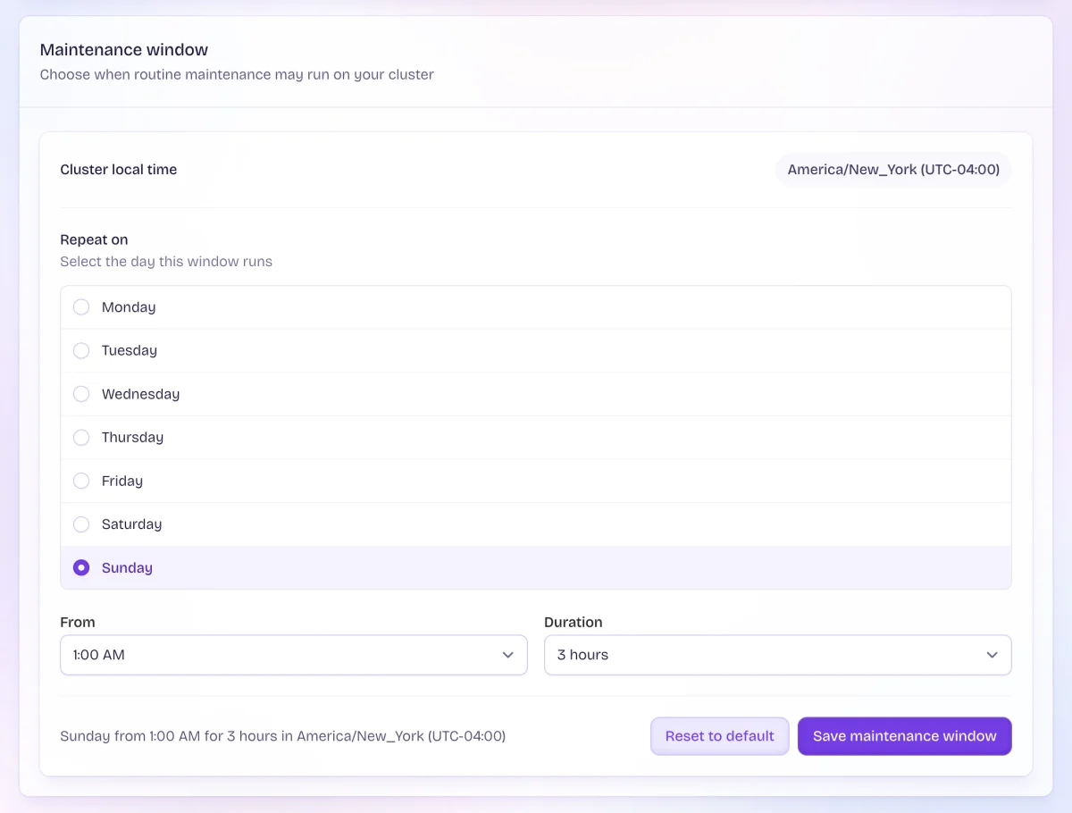 A screenshot of the Maintenance window card on a Managed Postgres cluster's Settings tab, set to Sunday from 1:00 AM for 3 hours in America/New_York