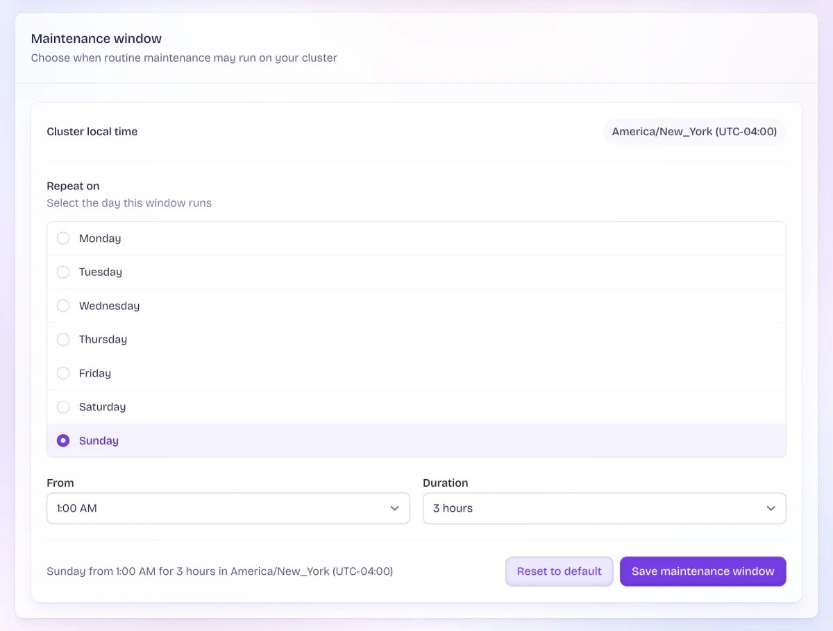 A screenshot of the Maintenance window card on a Managed Postgres cluster's Settings tab, set to Sunday from 1:00 AM for 3 hours in America/New_York