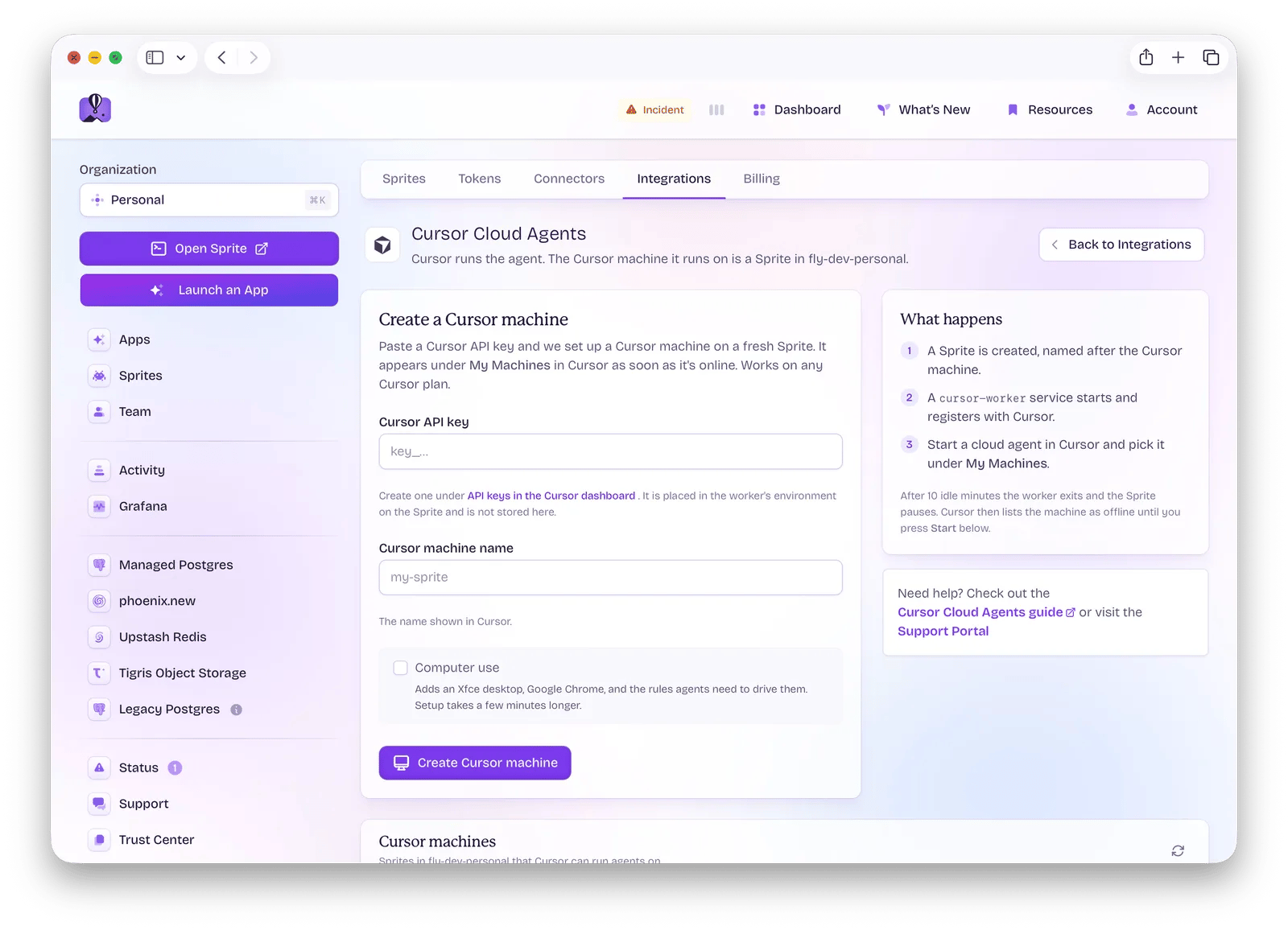 The Cursor Cloud Agents page in the Sprites dashboard, with the Create a Cursor machine form and the What happens steps