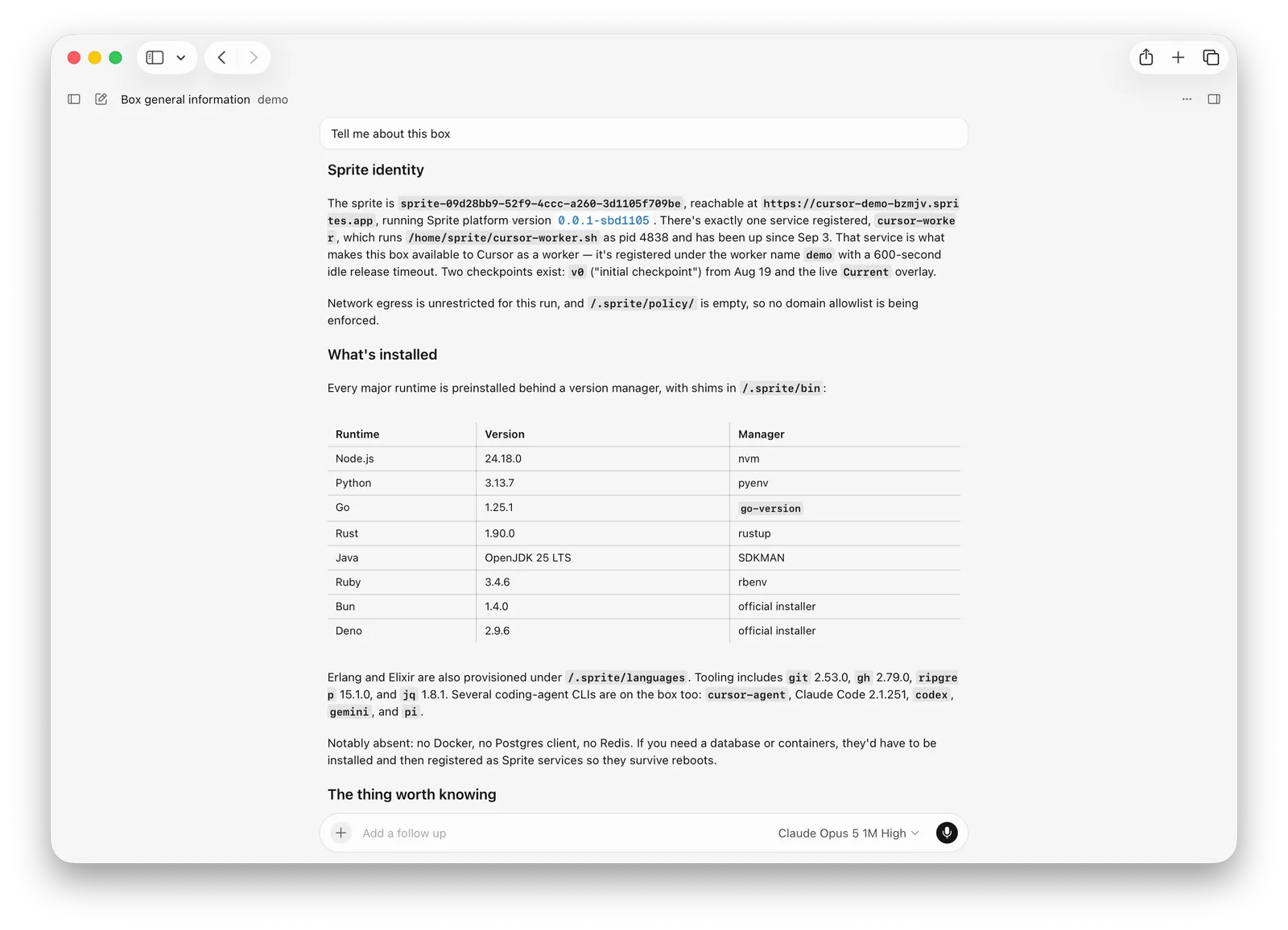 A Cursor Cloud Agent session on a Sprites machine, answering a question about the Sprite it runs in