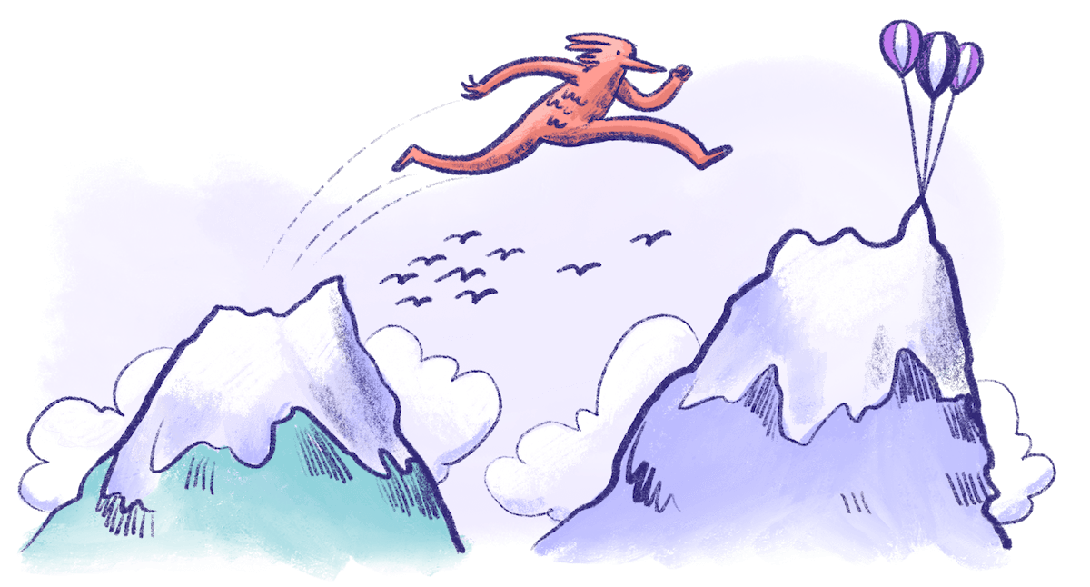 Illustration by Annie Ruygt of a figure jumping from one mountian to another