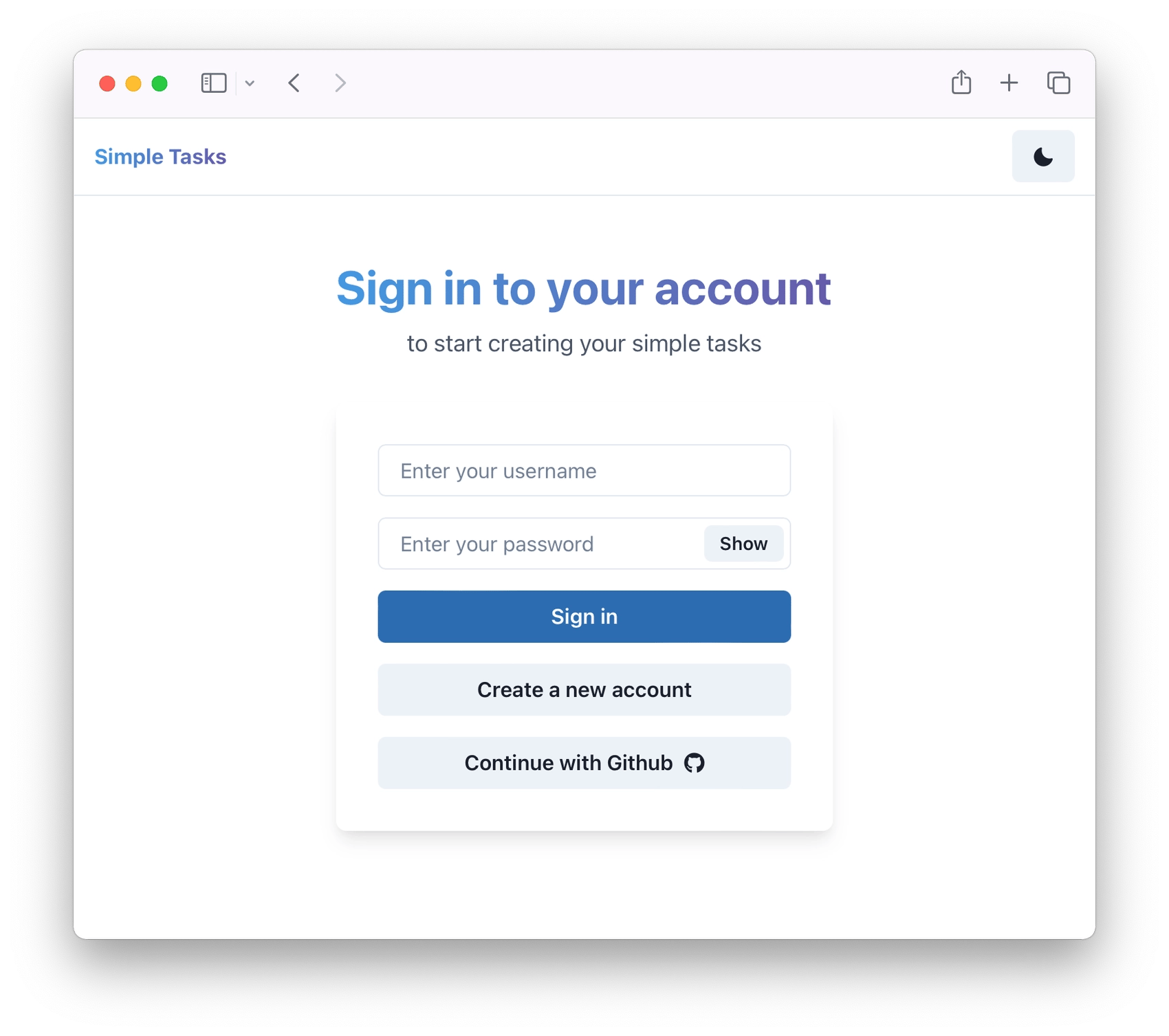 A screenshot of the Simple Tasks Meteor app login page.